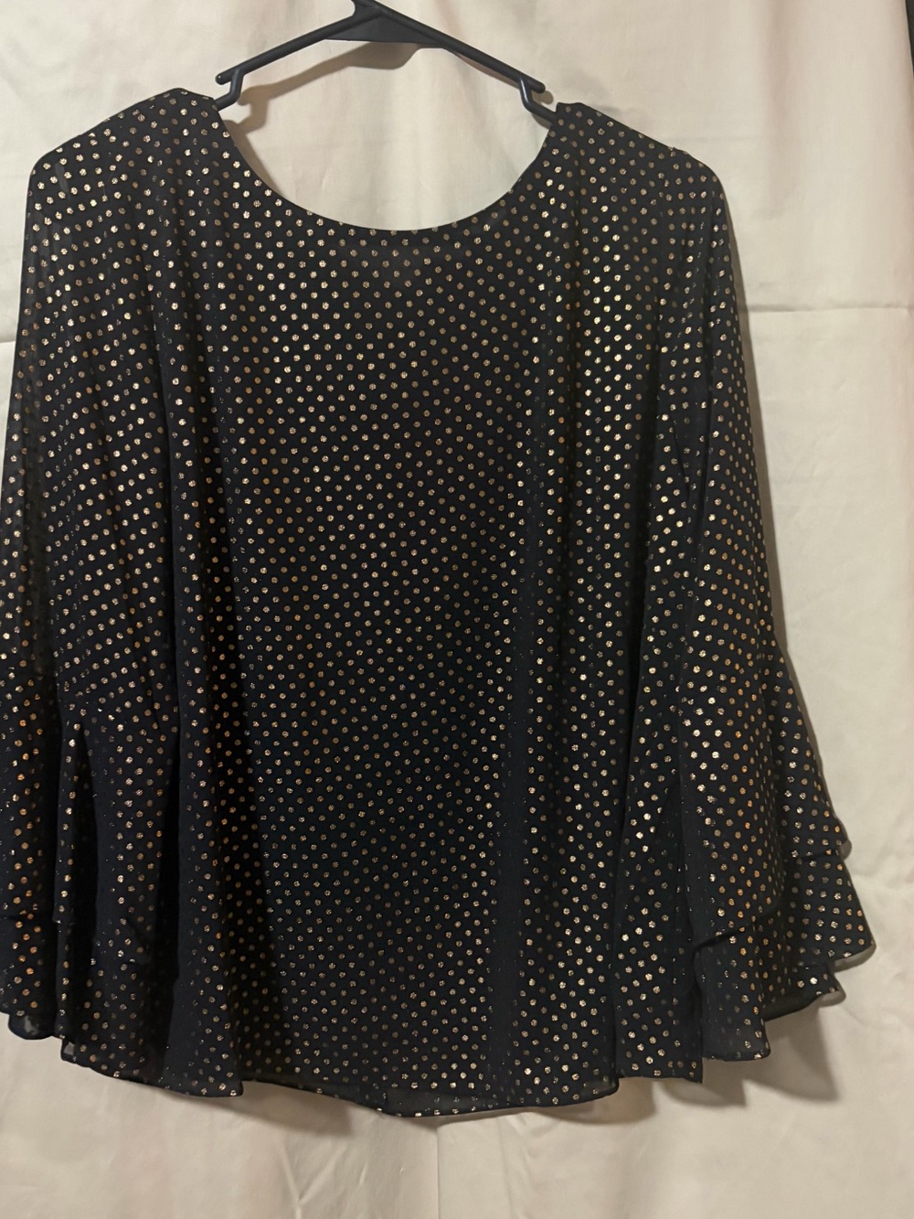 Kasper Black Blouse with Gold Dot Accents and Flared Sleeves